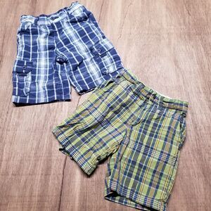 2 Pairs Boys Plaid Shorts Size 5 Adjustable Waist, Blue Levis and Green Old Navy